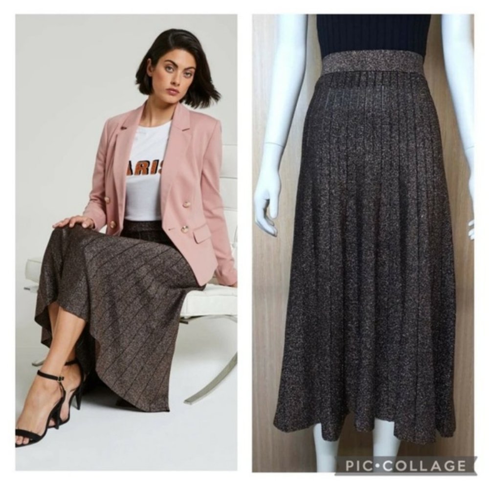 PORTMANS Lucy Lurex Knit Metallic Gold Black High Waisted Midi Skirt